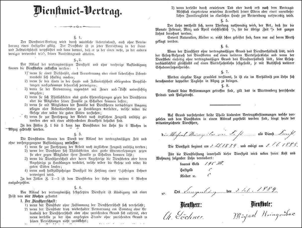 Dienstmiet-Vertrag des Knechts Michael Reingruber aus Forst, Oberamt Gerabronn, mit dem Langenburger Christian Löchner, datiert auf 2. Februar 1884. 